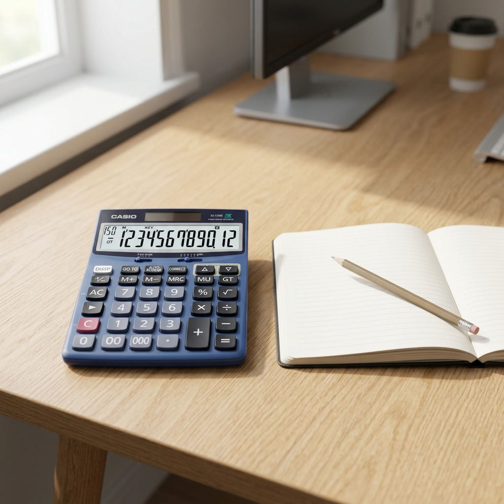 Casio DJ-120D desktop calculator placed on a wooden desk next to an open notebook for scale.