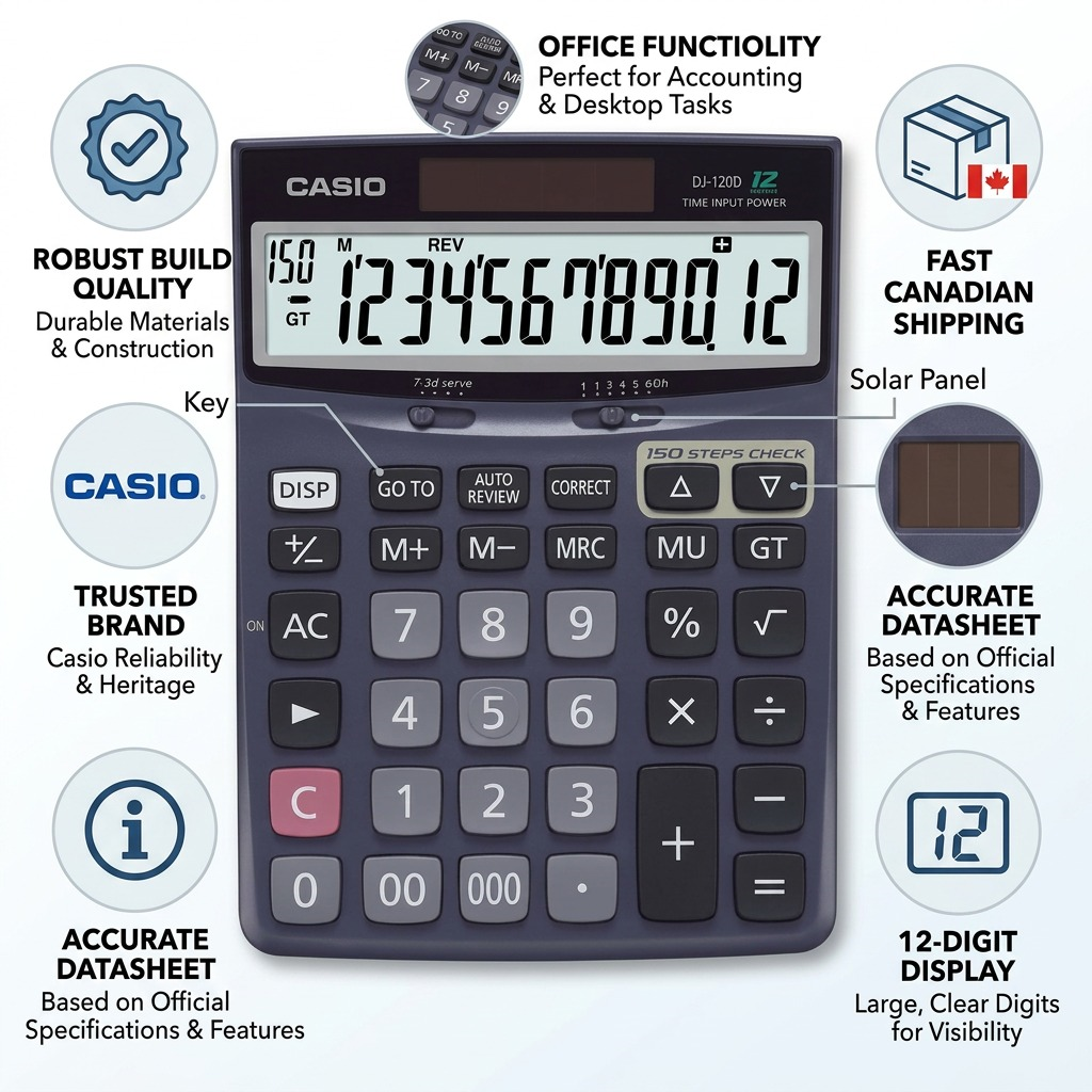 Casio DJ-120D desktop calculator infographic highlighting 12-digit display and durable build.