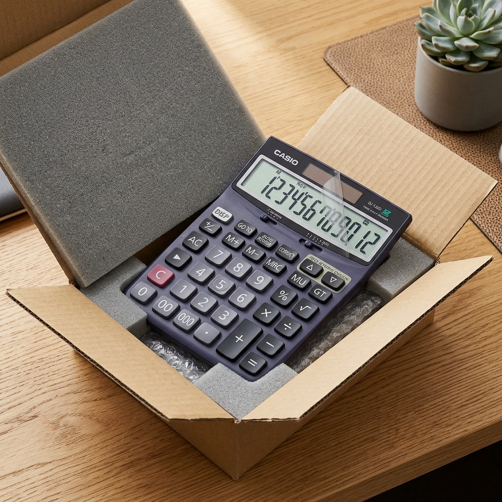 Casio DJ-120D desktop calculator arriving securely inside a cardboard box with foam padding.