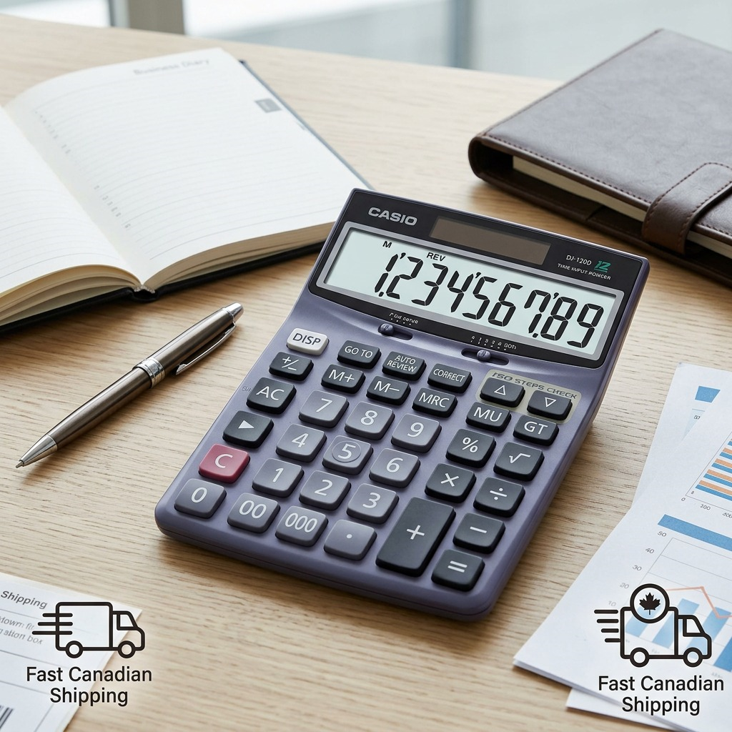 Casio DJ-120D desktop calculator on a wooden office desk next to a pen, planner, and documents.