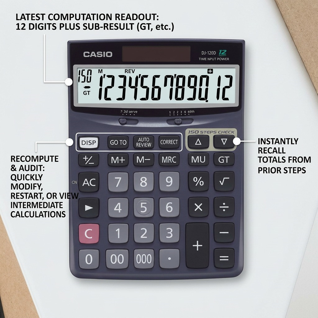 Casio DJ-120D desktop calculator feature diagram highlighting the 12-digit display and 150-step check.