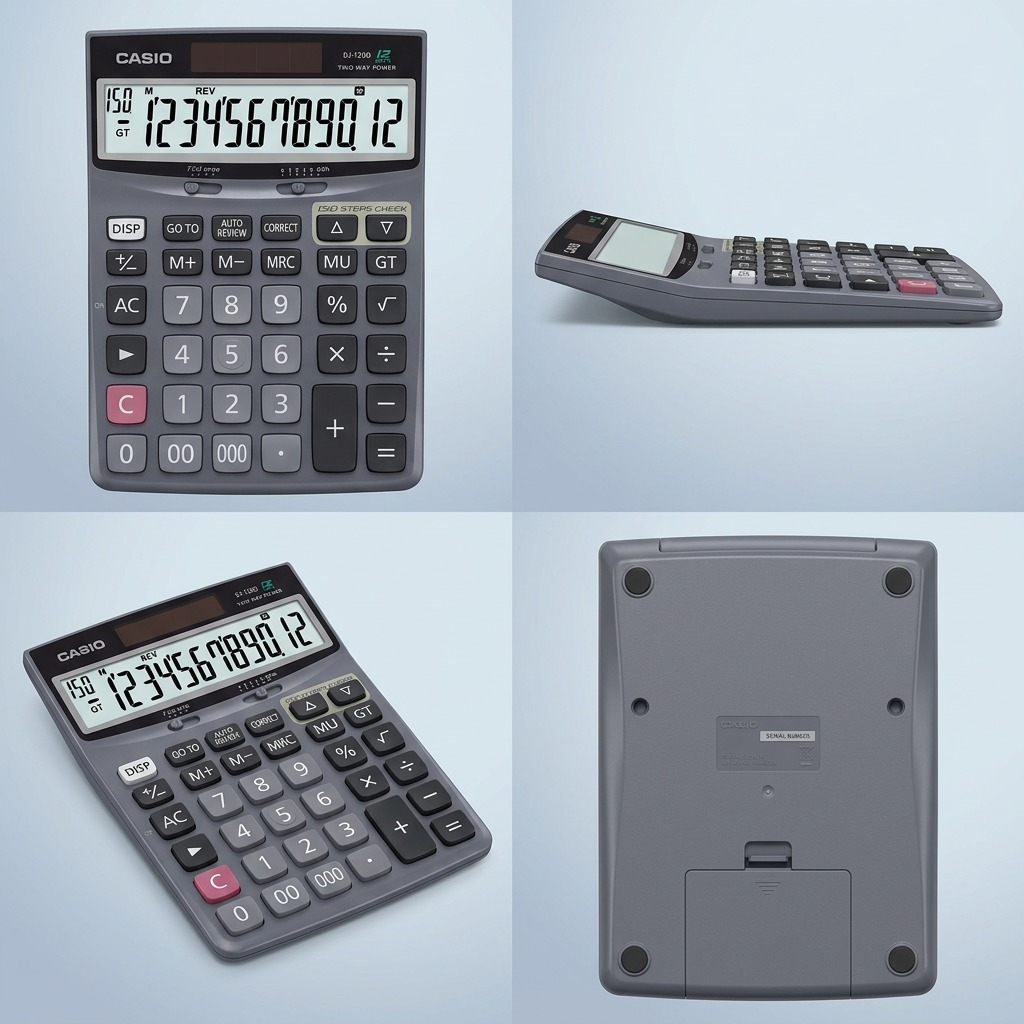 Four-angle view of the Casio DJ-120D desktop calculator showing front, side, and back profiles.