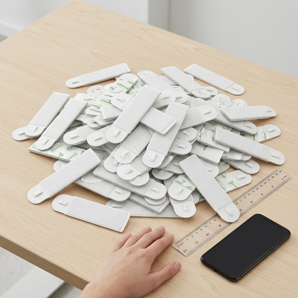 A high-resolution ecommerce hero shot of a large pile of Command Medium Picture Hanging Strips, showing multiple layers of the identical white strips, some with the specific 'Command 3M' green branding, on a solid white background with a clean shadow.