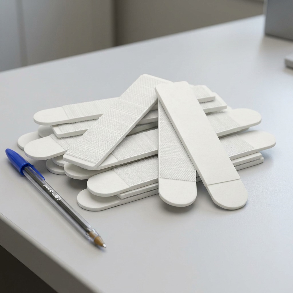 A high-resolution product image showing a stack of actual white adhesive strips on a clean white background.