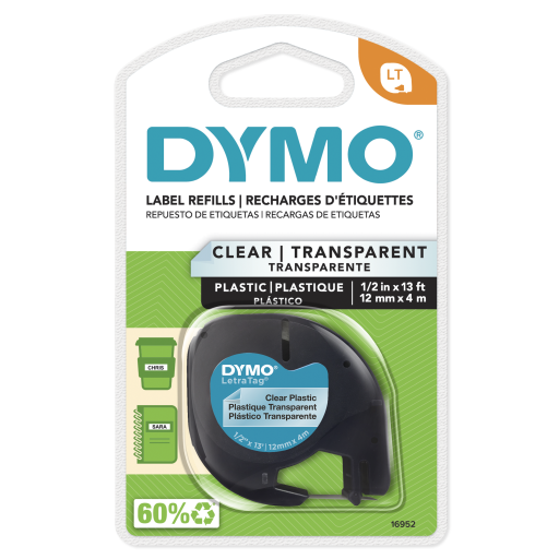 DYMO Labeling Tape for LetraTag Label Makers, Black Print on Clear Labels, 1/2" x 13-Foot Roll