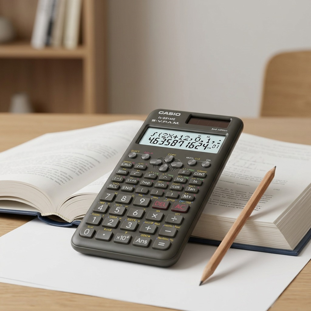 Casio FX991MSPLUS2 scientific calculator on a desk with an open textbook and a pencil.
