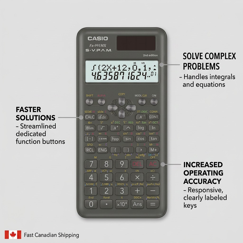 Casio FX991MSPLUS2 calculator showing complex integral solving, dedicated function buttons, and responsive keys.