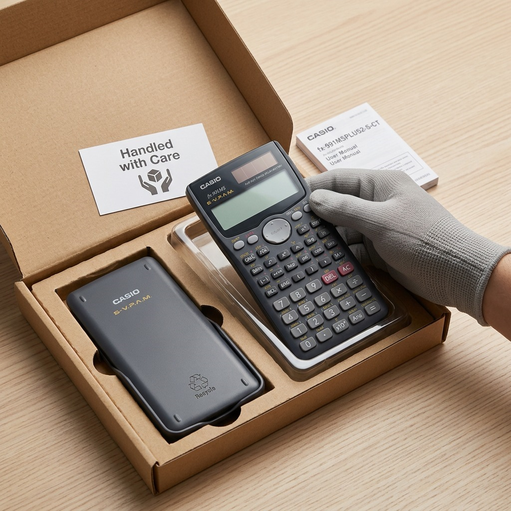 Unboxing of the Casio FX-991MSPLUS2 calculator in a secure cardboard shipping box with user manual.