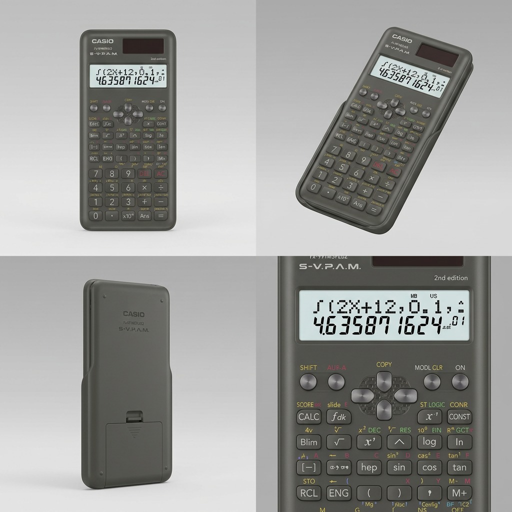 Four-grid view of the Casio FX-991MSPLUS2 showing front, angled, back, and display close-up.