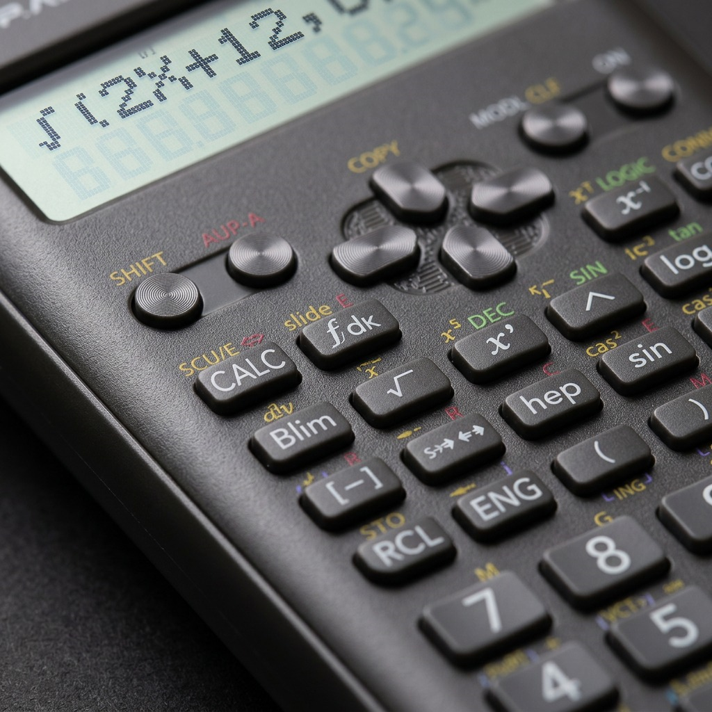 Macro view of Casio FX991MSPLUS2 calculator buttons, highlighting clear secondary function labels.