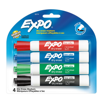 EXPO Dry Erase Markers, Low Odor Ink, Assorted Colors, Chisel Tip, 4 Count