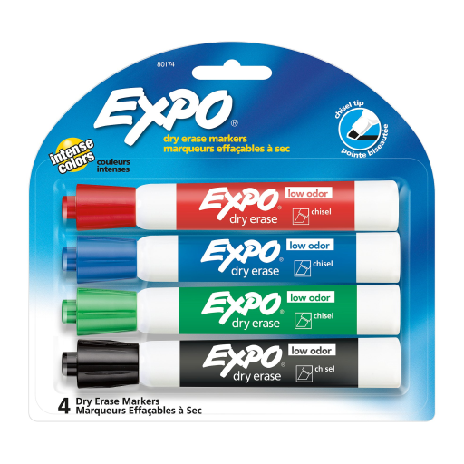 EXPO Dry Erase Markers, Low Odor Ink, Assorted Colors, Chisel Tip, 4 Count