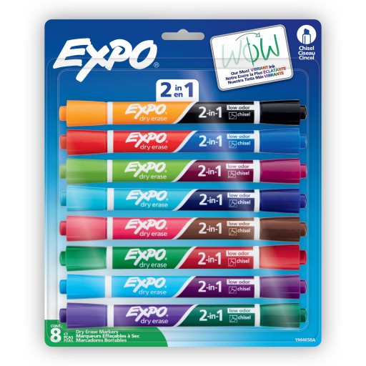EXPO 2-in-1 Dry Erase Markers, Dual-Ended Markers, 16 Assorted Colors, Chisel Tip, 8 Count