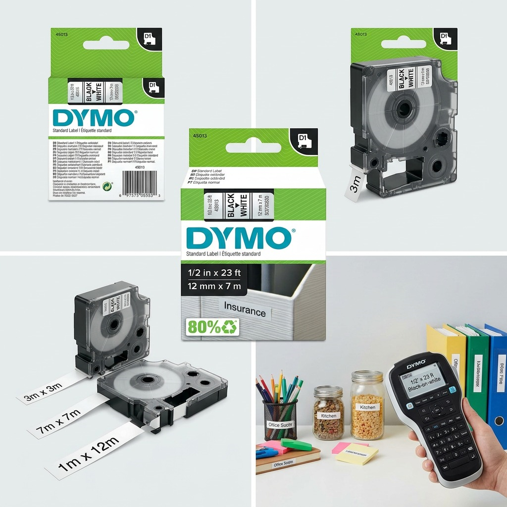 A visual matrix for DYMO 45013 D1 labels, displaying a product box, its cartridge, and various printed examples.