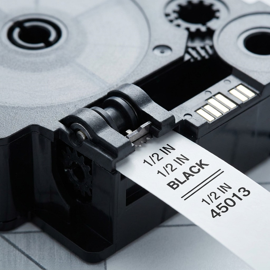 Macro. A detailed extreme close-up of a DYMO D1 45013 label cartridge. Black thermal print on white tape. Gears and rollers are visible for smooth feeding. White background.