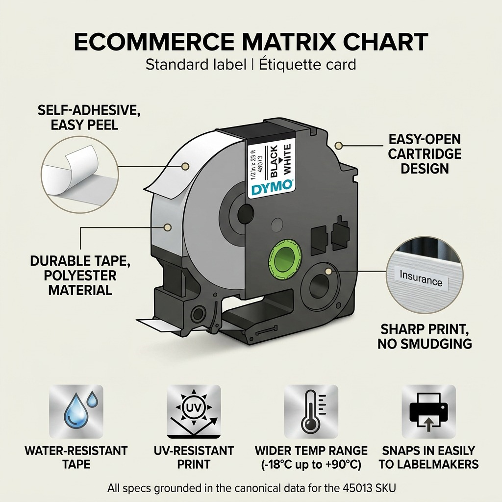 Operational feature matrix for DYMO D1 45013 label cartridge. Points to peelable, durable, smudge-free properties. Additional icons for water, UV, temperature resistance, and easy installation support standard technical specifications. All facts grounded in canonical data.