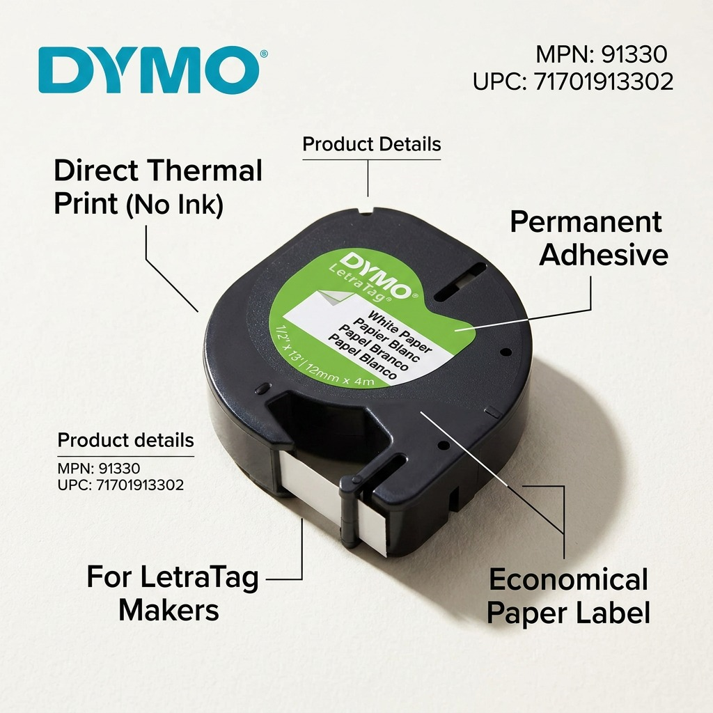 A high-resolution product photograph of an single DYMO LetraTag paper label cassette (MPN 91330). It displays the black plastic housing and green label with key specifications in white text, including length and width, centered against a pure white background with soft, natural shadows. The 'DYMO' and 'LetraTag' logos are centered on the green label, matching the visual details from the user reference image.