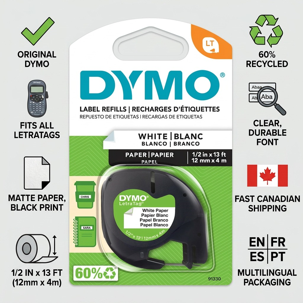 DYMO LetraTag 91330 White Paper Labels: a trust-focused infographic with icons highlighting key features like recycled content and quick shipping.