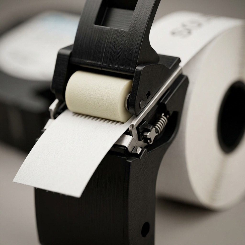 Extreme macro view of the inner roller and fed paper label of the DYMO 91330 cartridge.
