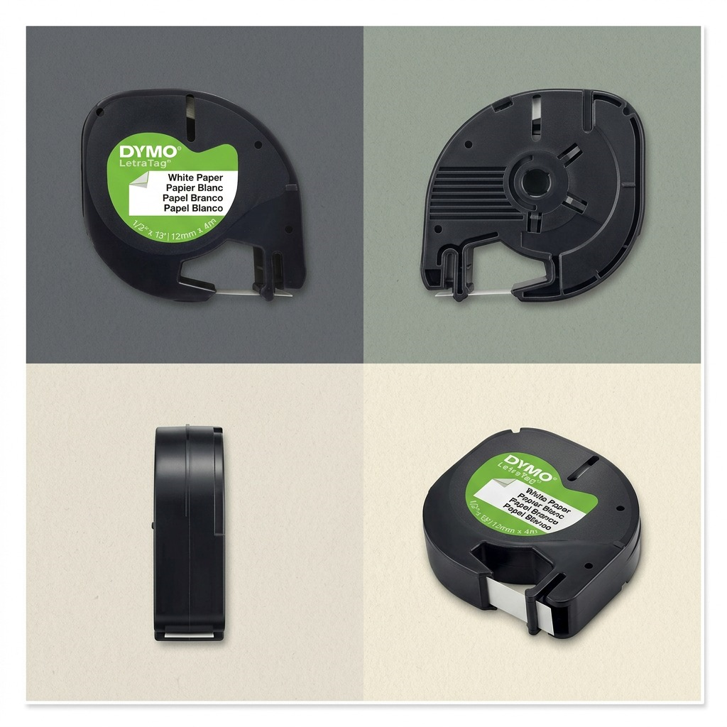 A 2x2 grid matrix showcasing the black DYMO 91330 tape cassette from four different precise angles.