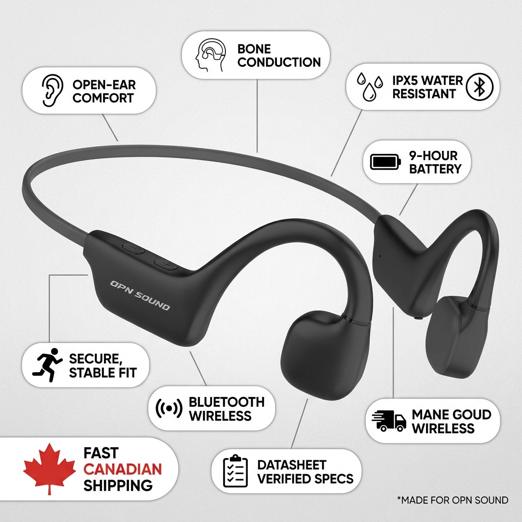 A high-resolution, centered flat lay of OPN Sound Osso bone conduction headphones on white background.