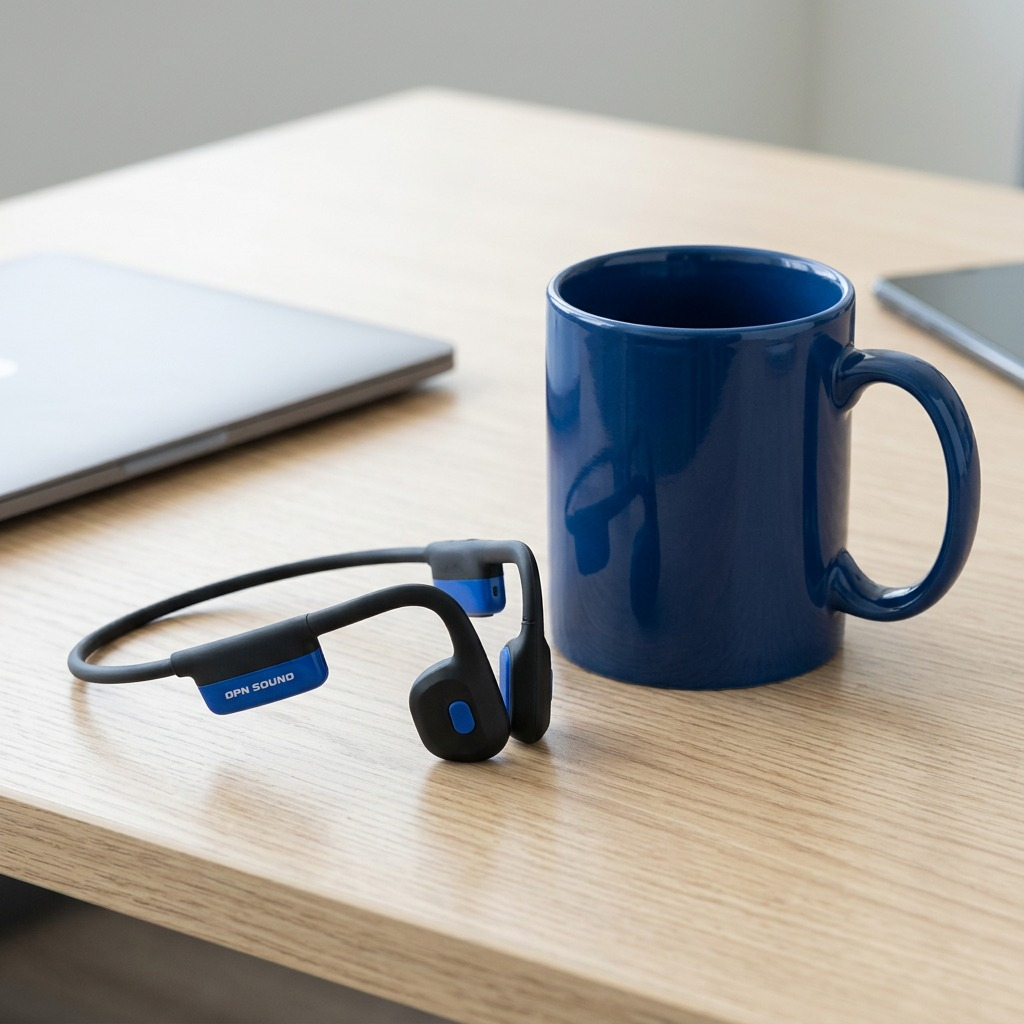 High-resolution 3/4 hero shot of the dark grey and blue OPN Sound Mezzo+ bone conduction headphones, viewed from the side on a pure white background. The "OPN SOUND" text is visible on the blue right earpiece section.