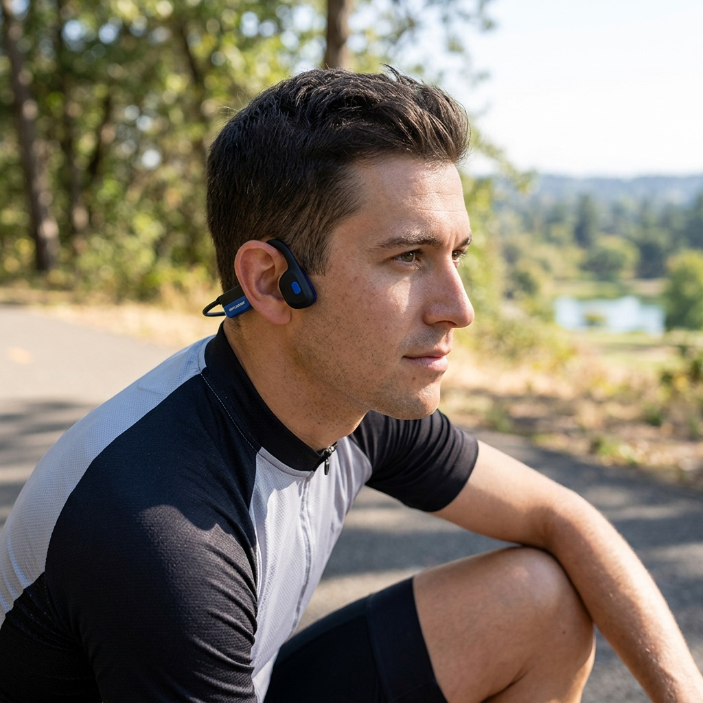 OPN Sound Mezzo+ – Casque à conduction osseuse Bluetooth — gros plan des commandes et connecteurs, réf. OS8000BL
