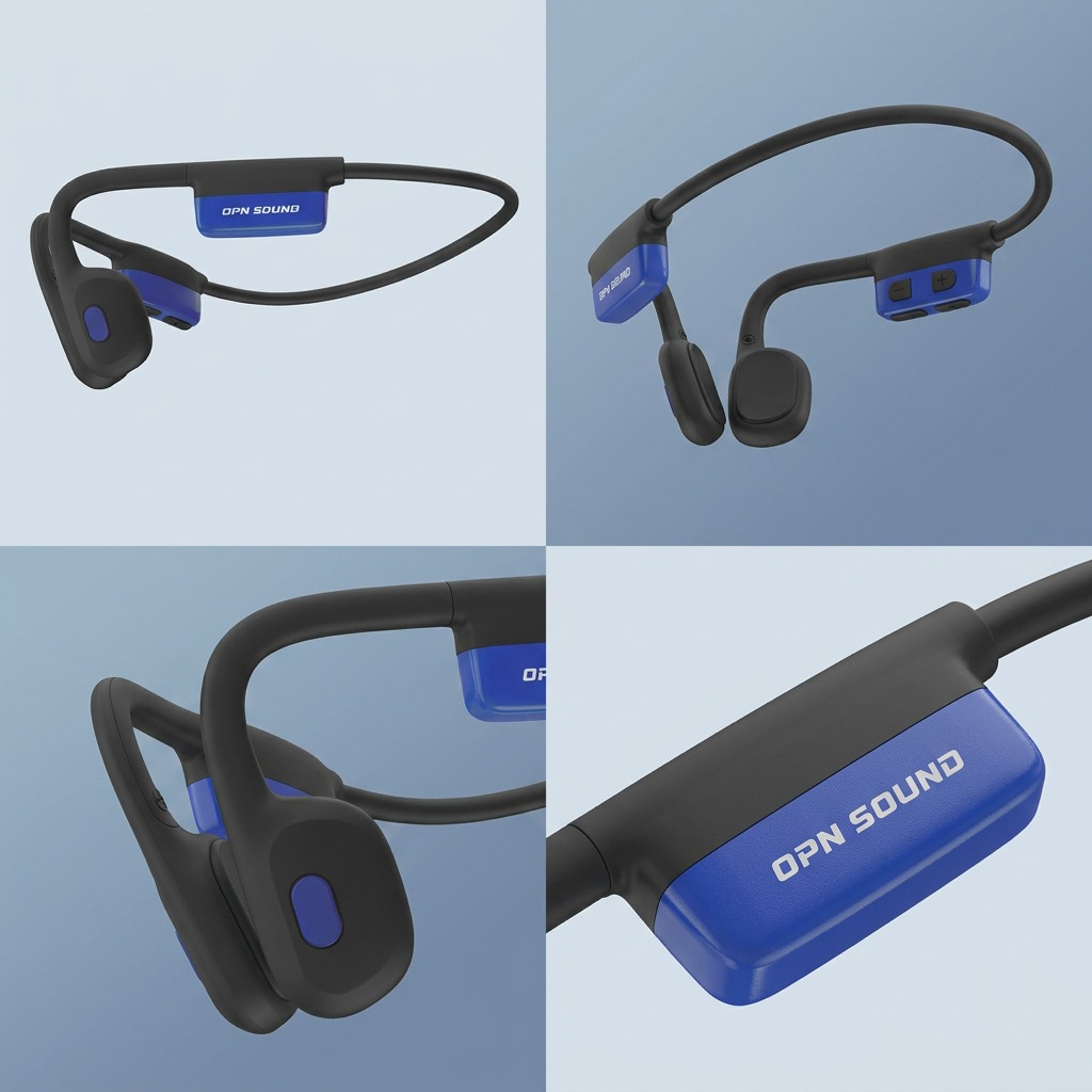 OPN Sound Mezzo+ – Casque à conduction osseuse Bluetooth — présentation sous plusieurs angles, réf. OS8000BL