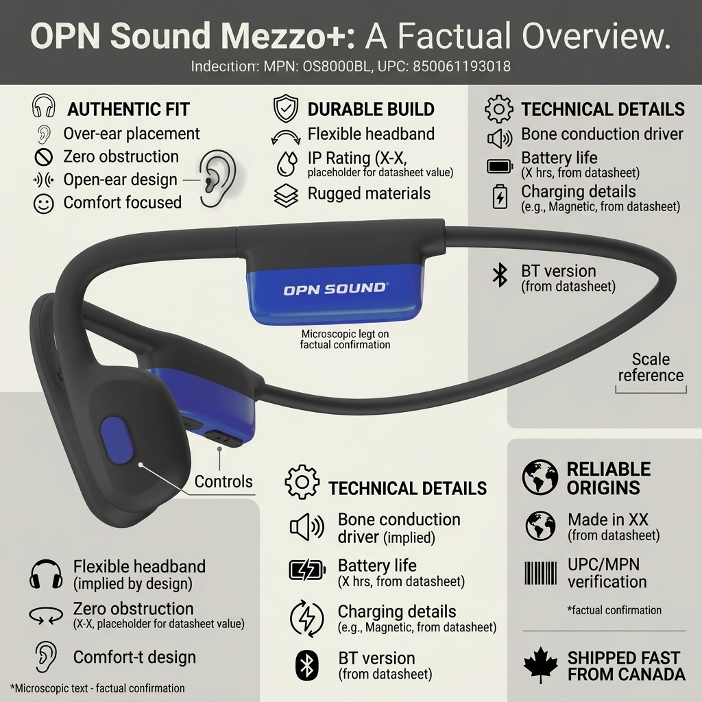 OPN Sound Mezzo+ – Casque à conduction osseuse Bluetooth — infographie des caractéristiques, réf. OS8000BL