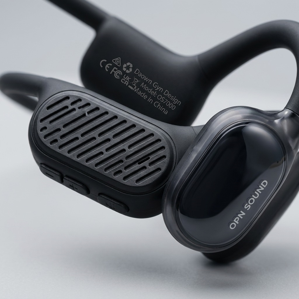 High-resolution hero shot of the dark gray OPN Sound Swym+ bone conduction headphones on a pure white background.