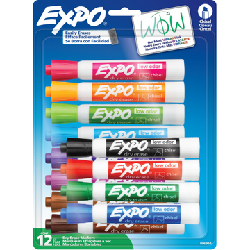 EXPO Dry Erase Markers, Low Odor Ink, Assorted Colors, Chisel Tip, 12 Count