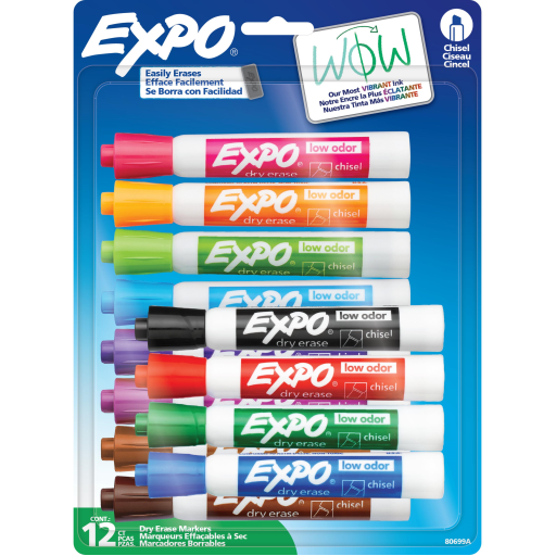 EXPO Dry Erase Markers, Low Odor Ink, Assorted Colors, Chisel Tip, 12 Count