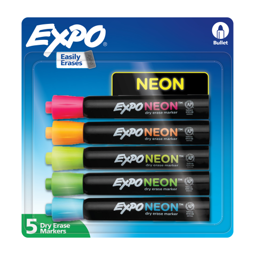 EXPO Neon Dry Erase Markers, Assorted Colors, Bullet Tip, 5 Count