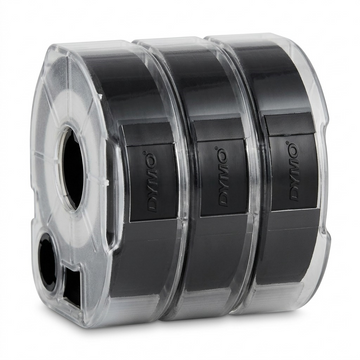 A premium high-resolution ecommerce hero shot of a 3-pack of DYMO black embossing tape cartridges against a pure white background.