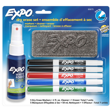 EXPO Dry Erase Markers Kit, Fine Tip, Assorted Colours, Eraser, Spray Cleaner, 7 Count