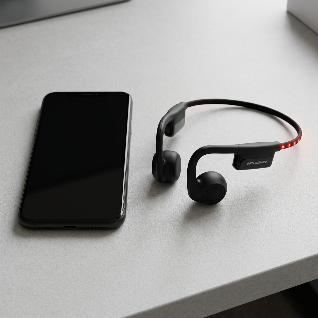 OPN Sound Dashlyte+ matte black open-ear headphones with red LED strip on white background.