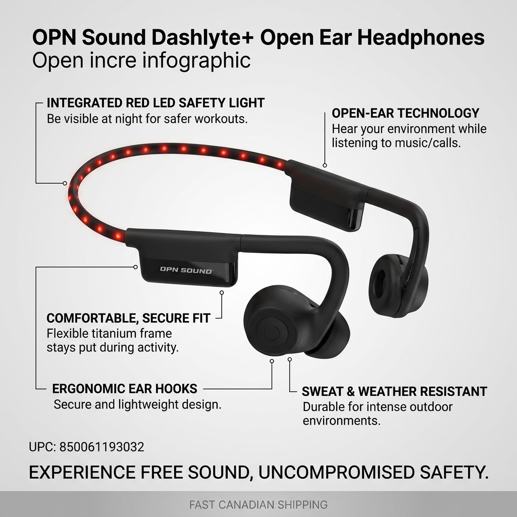 OPN Sound Dashlyte+ – Casque Bluetooth ouvert avec DEL — infographie des caractéristiques, réf. OS4500BL