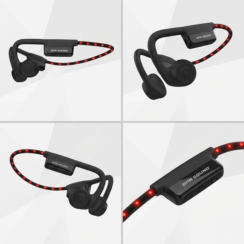 OPN Sound Dashlyte+ – Casque Bluetooth ouvert avec DEL — présentation sous plusieurs angles, réf. OS4500BL
