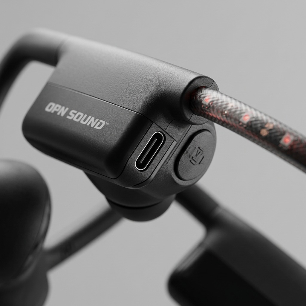 OPN Sound Dashlyte+ – Casque Bluetooth ouvert avec DEL — gros plan des commandes et connecteurs, réf. OS4500BL