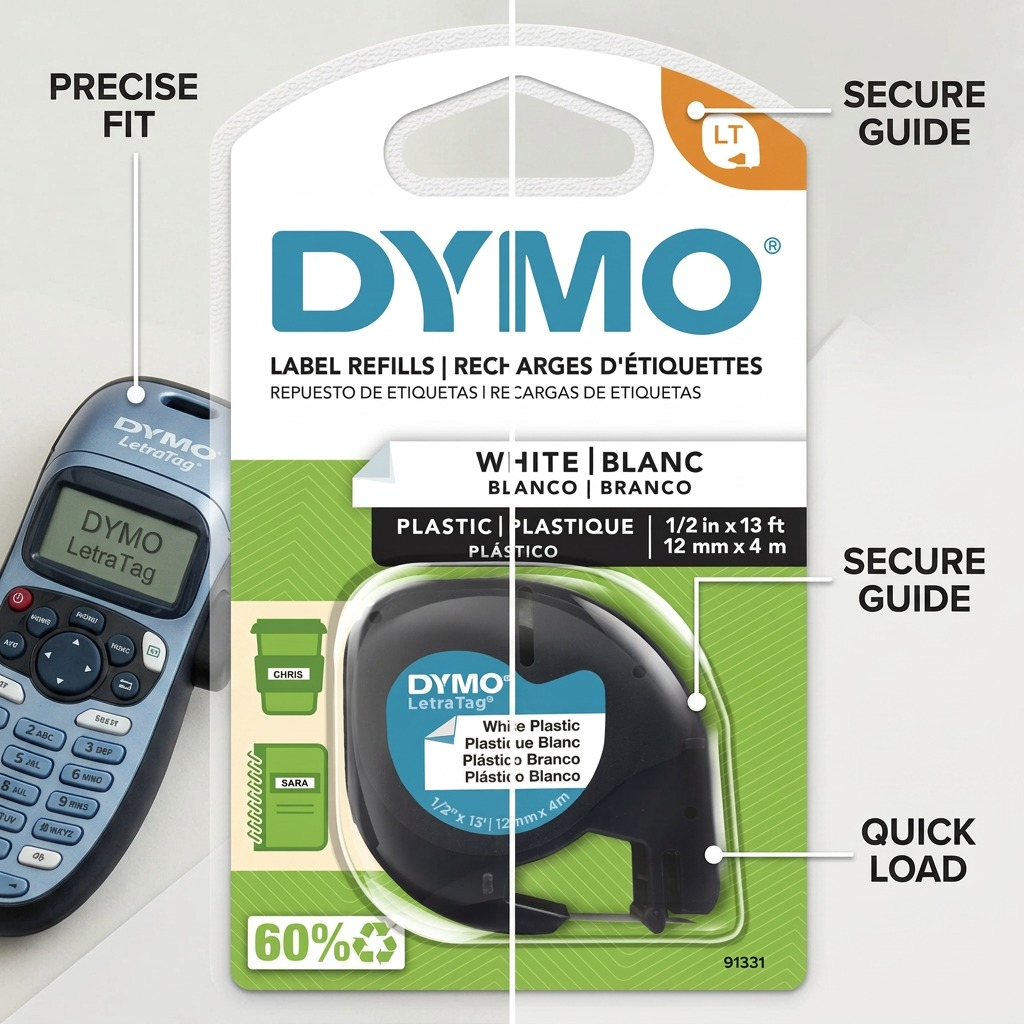High-resolution hero shot of the DYMO 91331 LetraTag plastic label maker cassette refill, with sharp detail and realistic lighting on a pure white background.