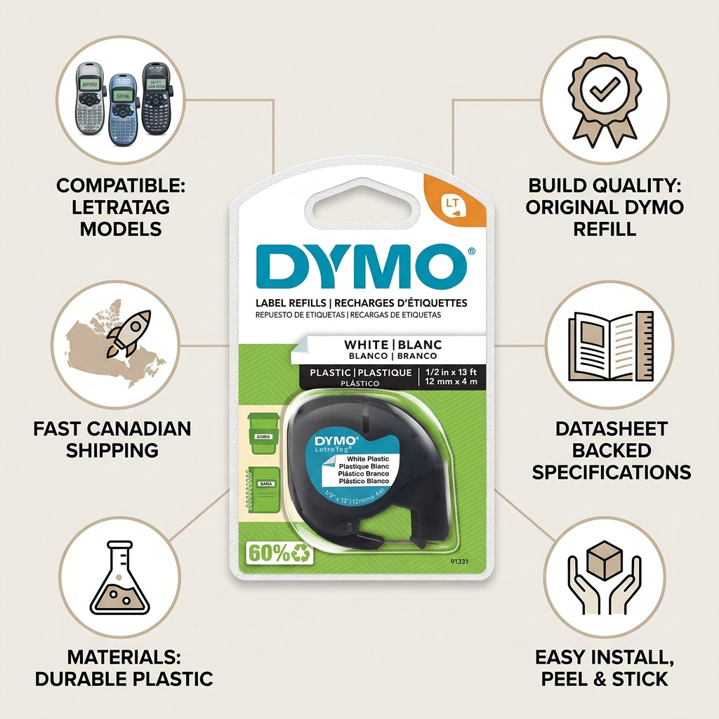 A trust infographic featuring the DYMO 91331 LetraTag tape, highlighting its build quality, compatibility, and certifications.