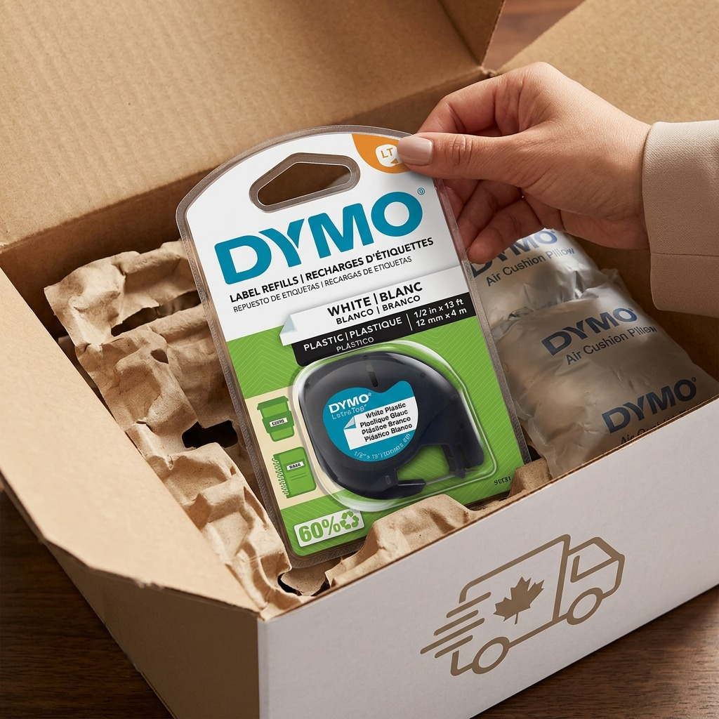 A premium unboxing visual showing authentic DYMO LetraTag labels carefully handled in a protective, branded paper wrap.