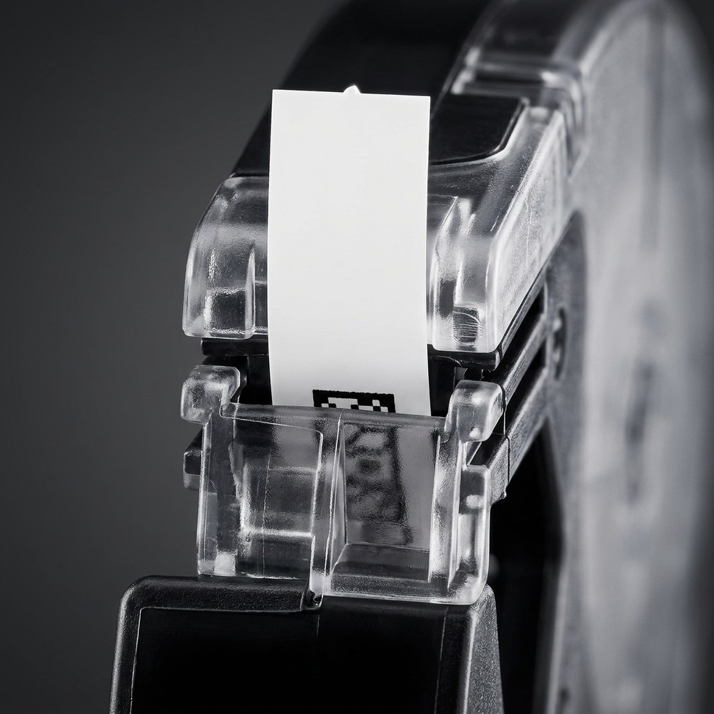 An extreme close-up view focusing on the clear label cassette tip, showing the precise path for the white plastic tape, the black printing mechanism section, and the complex injection-molded internal guide pins and texture of the robust black plastic body.