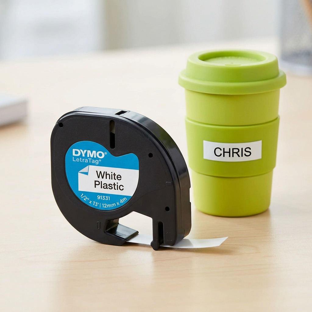 Dymo LetraTag white plastic label cartridge on a wooden desk next to a labeled travel mug.