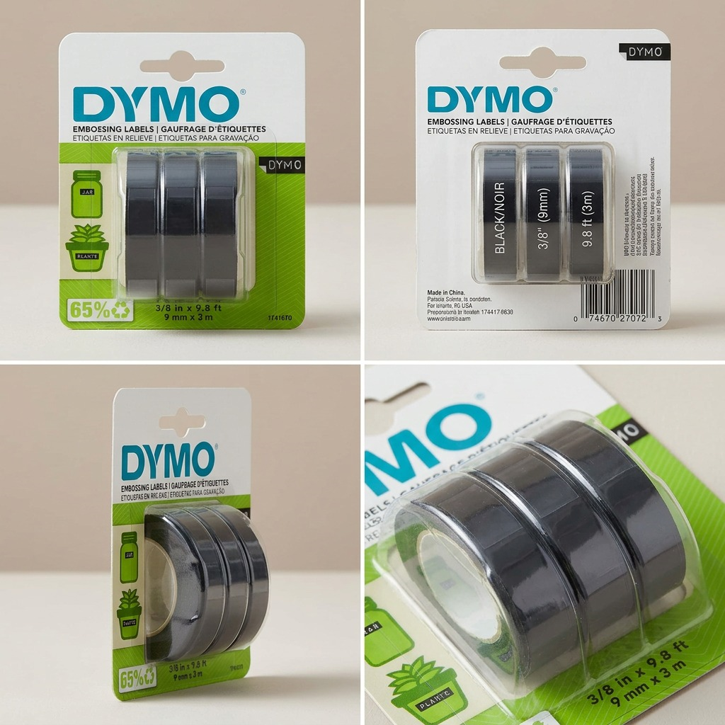A premium high-resolution ecommerce hero shot of a 3-pack of DYMO black embossing tape cartridges against a pure white background.