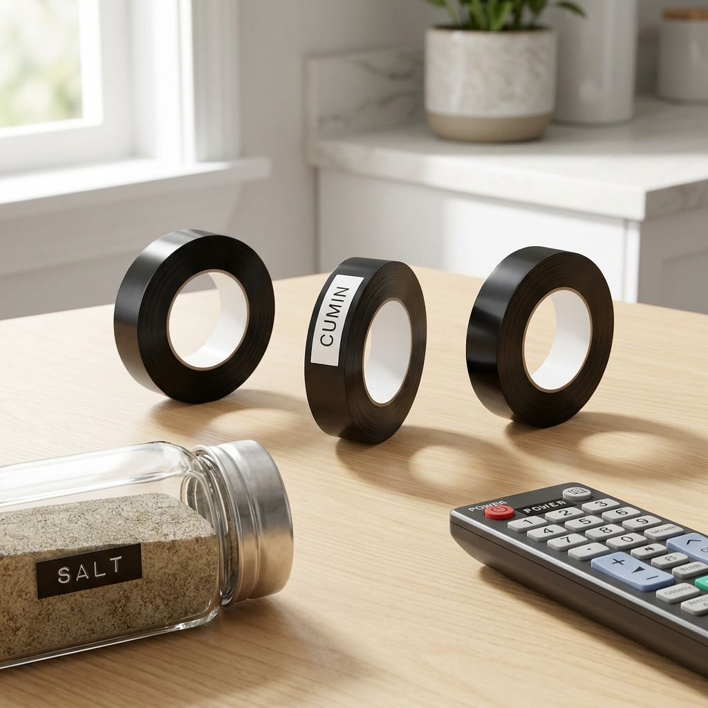 Three rolls of DYMO black embossing tape with white printed labels applied to a spice jar and a remote control on a wooden table.