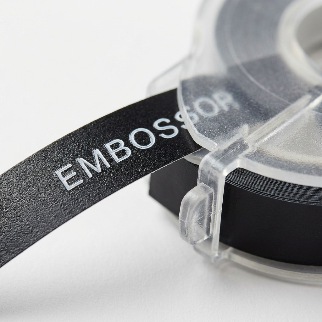 Extreme close-up of the black embossing tape and the plastic shell, showing material textures.