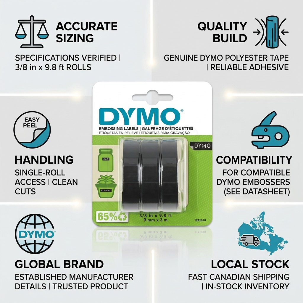An infographic showing the DYMO embossing labels package, with trust points like accurate specs, quality build, easy handling, global brand, and fast Canadian shipping.