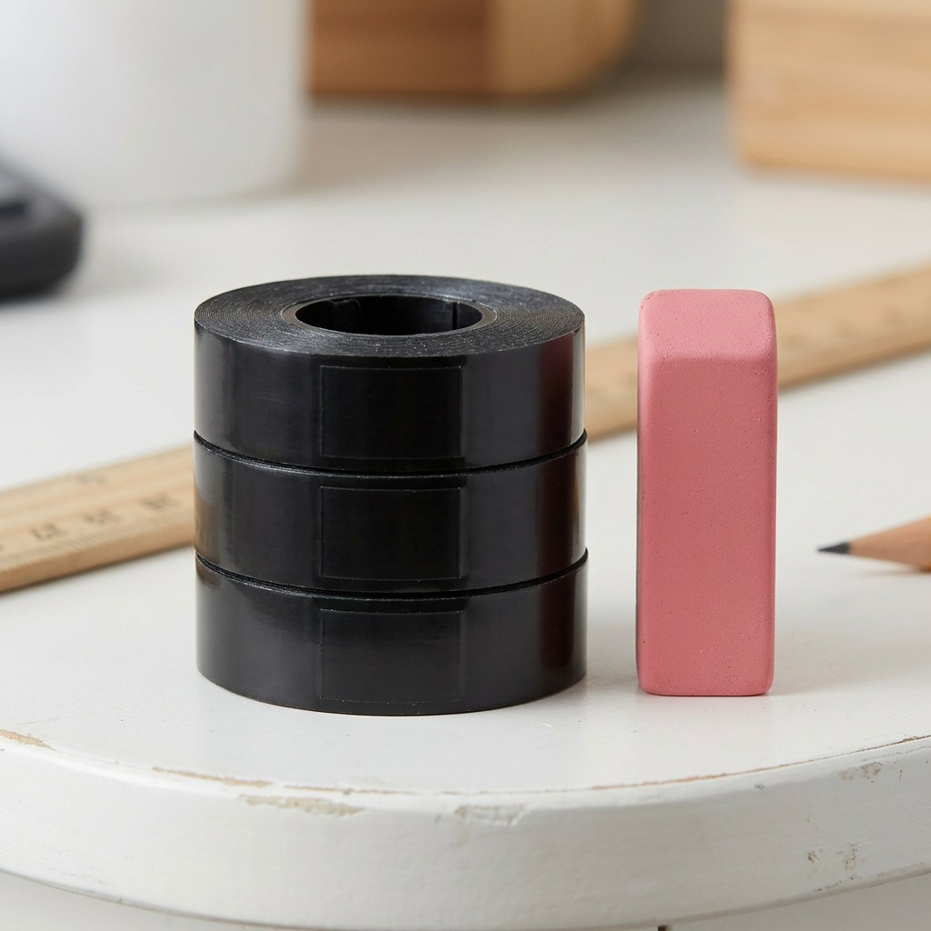 Three-pack of DYMO embossing labels (3/8" wide) next to a pink eraser for scale comparison.