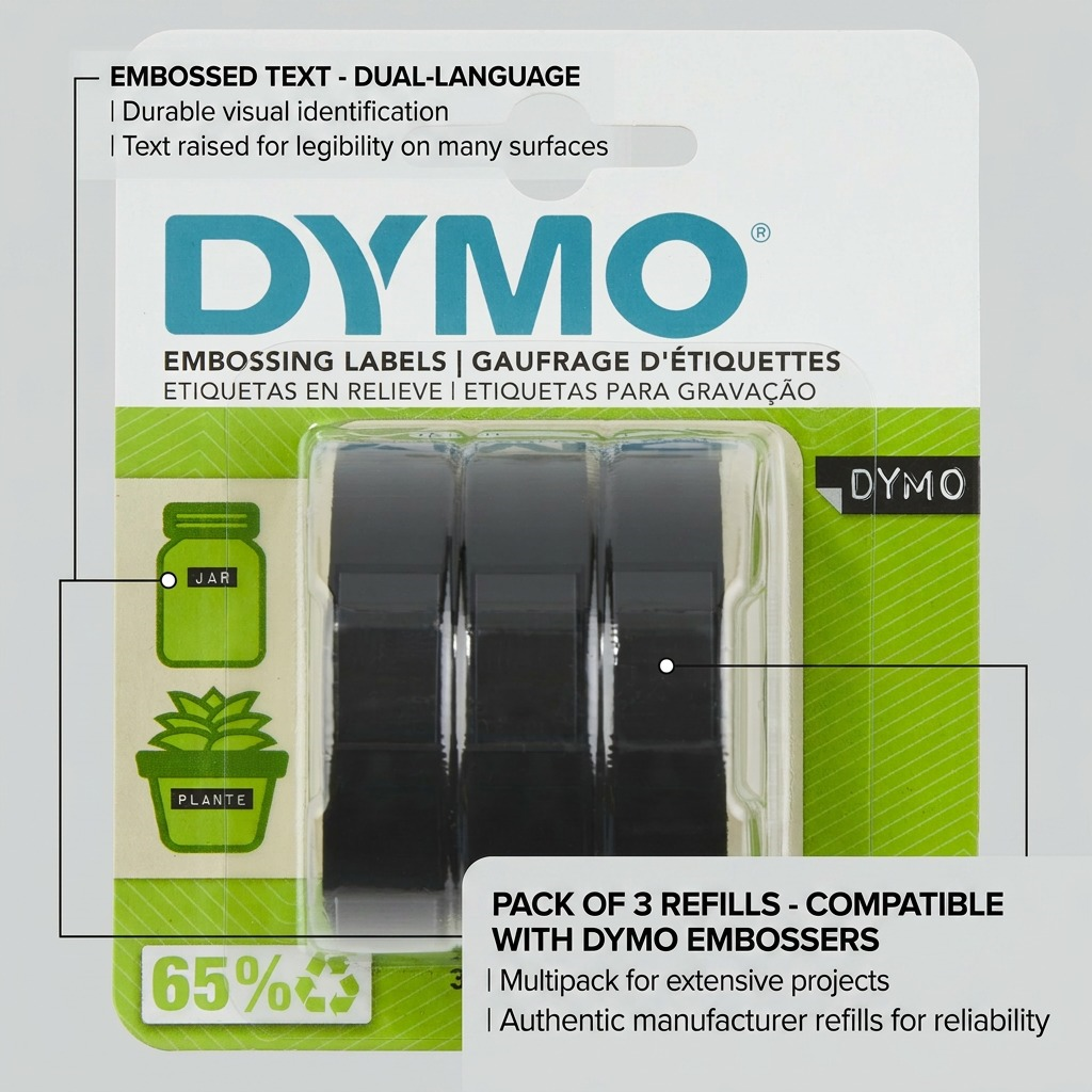 An e-commerce graphic highlights features of DYMO embossing labels, pointing to the multipack and embossed text examples.